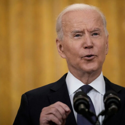 President Biden delivers remarks on the economy Monday in the East Room of the White House, pushing back on critics who say the American Rescue Plan is making the economy worse. CREDIT: Drew Angerer/Getty Images