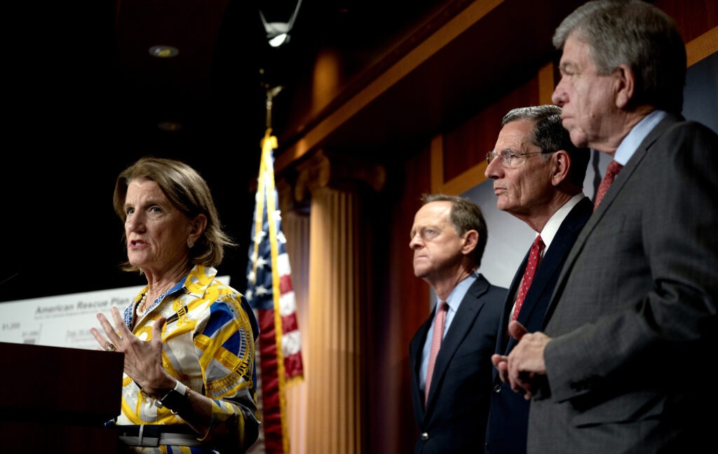 West Virginia's Shelley Moore Capito and fellow Senate Republicans unveiled a new counteroffer to President Biden's infrastructure package during a news conference Thursday. CREDIT: Stefani Reynolds/Bloomberg via Getty Images