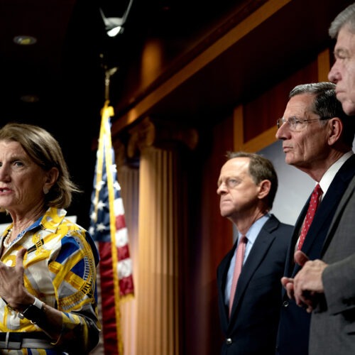 West Virginia's Shelley Moore Capito and fellow Senate Republicans unveiled a new counteroffer to President Biden's infrastructure package during a news conference Thursday. CREDIT: Stefani Reynolds/Bloomberg via Getty Images