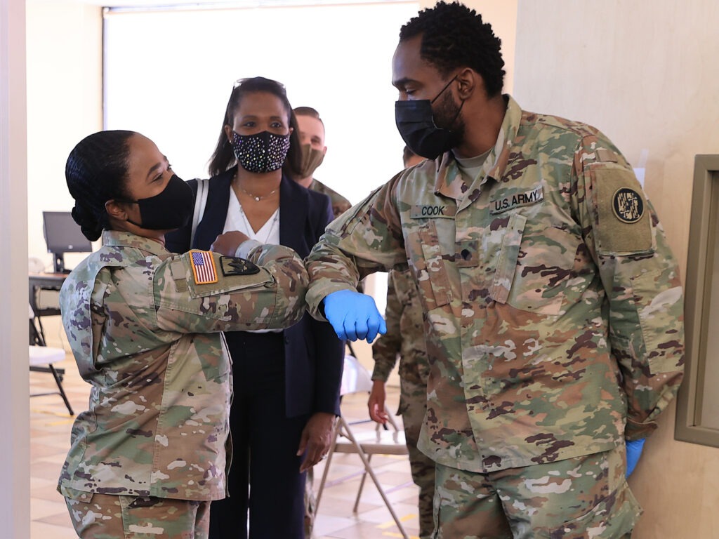  Maryland National Guard Brig. Gen. Janeen Birckhead greets soldiers last week at a mobile vaccine clinic in Wheaton, Md.