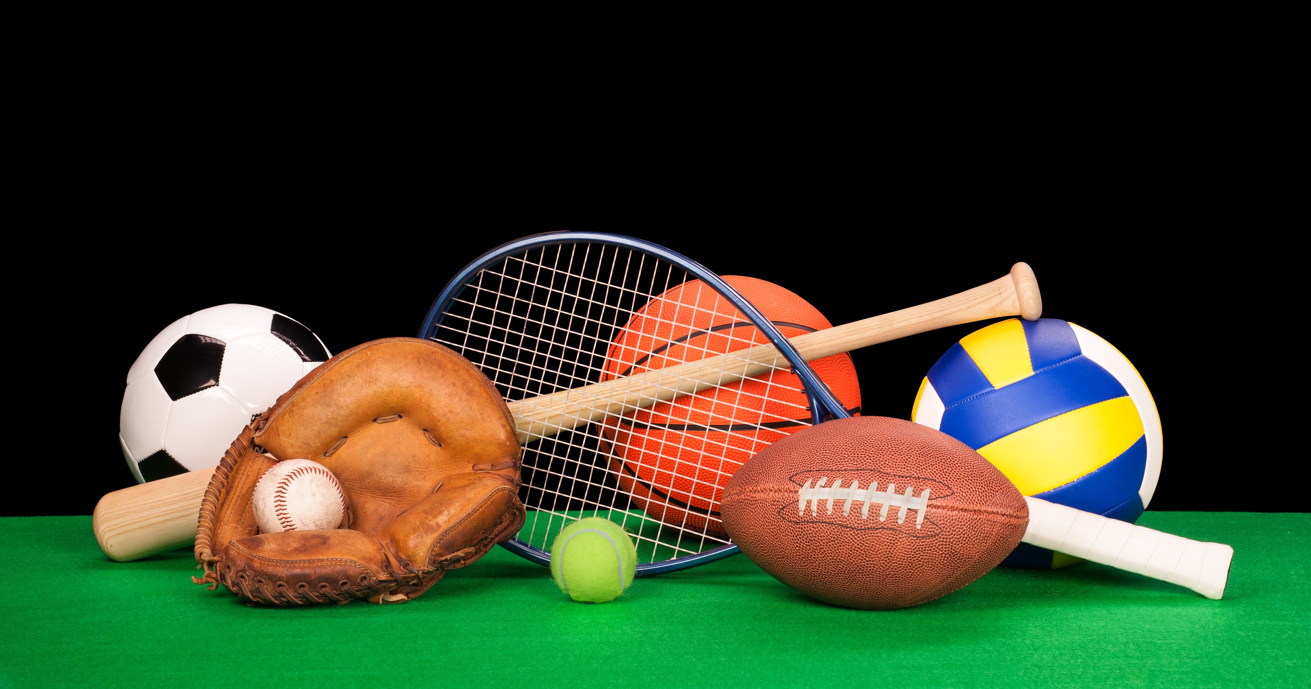 soccer ball, baseball and glove, bat, tennis ball, basketball, football, volleyball, tennis racket