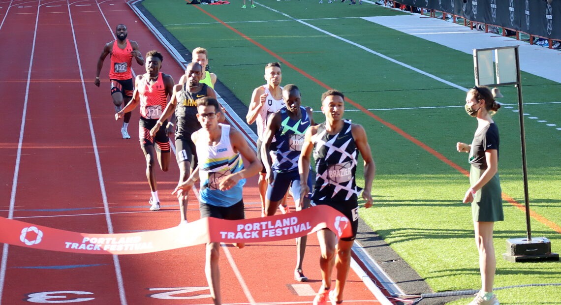 Donavan Brazier breaks the tape in an 800 meter tune-up race in Portland on May 29, ahead of the U.S. Olympic Track and Field Team Trials, which begin later this week.