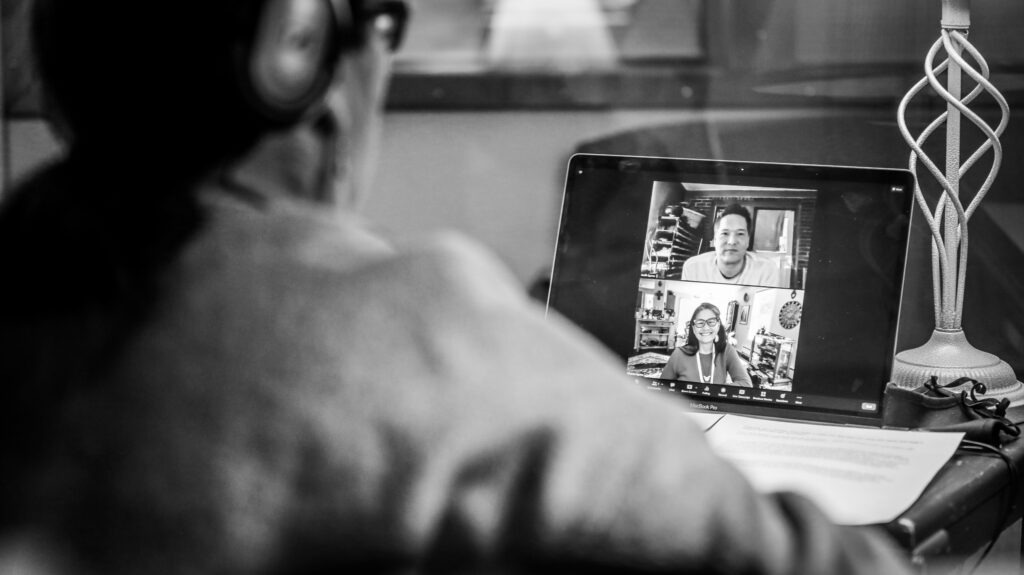 Photo of authors of The Whale Child, Keith and Chenoa Egawa talking virtually with host Sueann Ramella for an episode of 'Traverse Talks.'