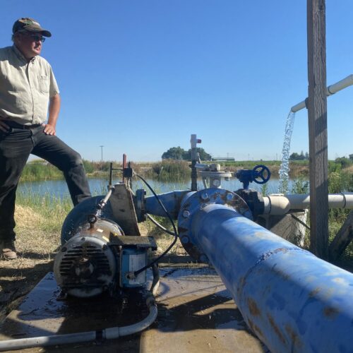 Alan Schreiber inspects his broken irrigation pump. It's only working at 30 percent capacity in 117 heat. CREDIT: Anna King/N3