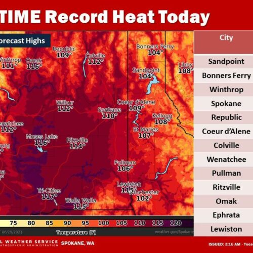 Much of the Inland Northwest will experience the peak temperatures of the heat wave on Tuesday, June 29. CREDIT: National Weather Service