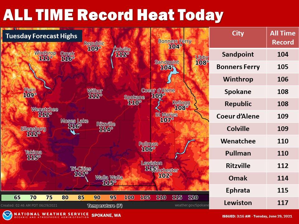 Much of the Inland Northwest will experience the peak temperatures of the heat wave on Tuesday, June 29. CREDIT: National Weather Service