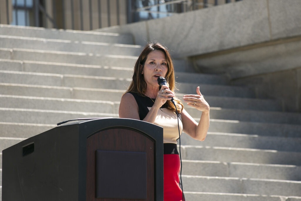 Lt. Gov. Janice McGeachin speaks at an anti-mask protest on the steps of the Idaho Capitol Tuesday. Nik Streng/Idaho Education News