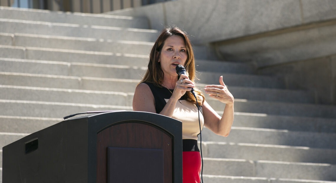 Lt. Gov. Janice McGeachin speaks at an anti-mask protest on the steps of the Idaho Capitol Tuesday. Nik Streng/Idaho Education News