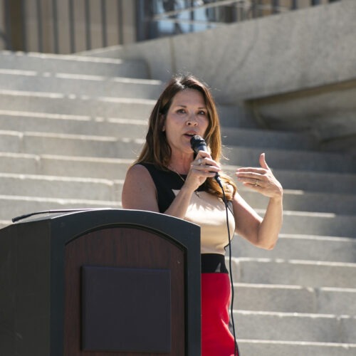 Lt. Gov. Janice McGeachin speaks at an anti-mask protest on the steps of the Idaho Capitol Tuesday. Nik Streng/Idaho Education News