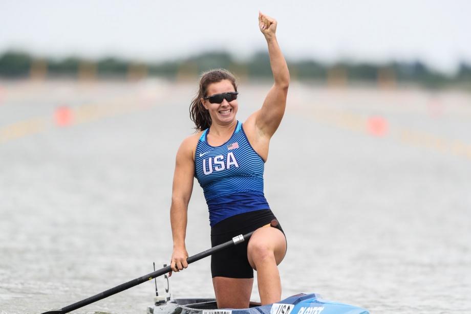 Nevin Harrison celebrates her win at the ICF Sprint Canoe World Cup final in Szeged, Hungary, on May 15, 2021.
