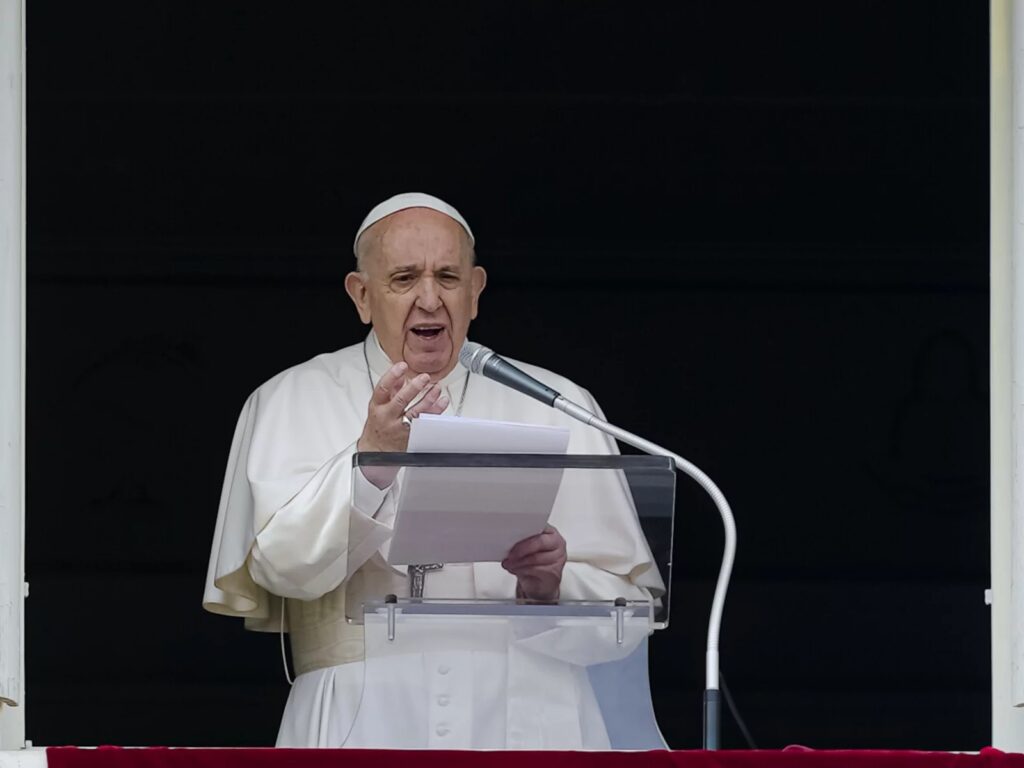 Pope Francis speaks from the window of his studio overlooking St. Peter's Square on June 6, 2021. Francis expressed sorrow for the treatment of Indigenous people in Canada, but did not offer an apology. CREDIT: Domenico Stinellis/AP
