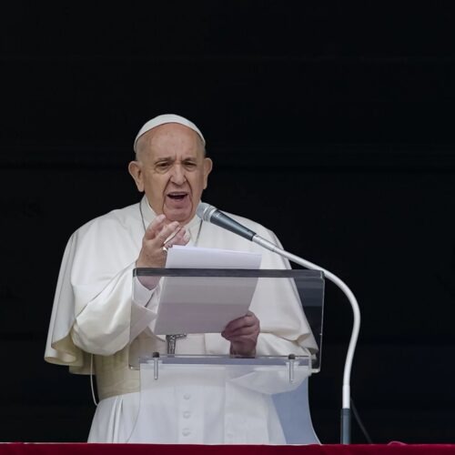 Pope Francis speaks from the window of his studio overlooking St. Peter's Square on June 6, 2021. Francis expressed sorrow for the treatment of Indigenous people in Canada, but did not offer an apology. CREDIT: Domenico Stinellis/AP