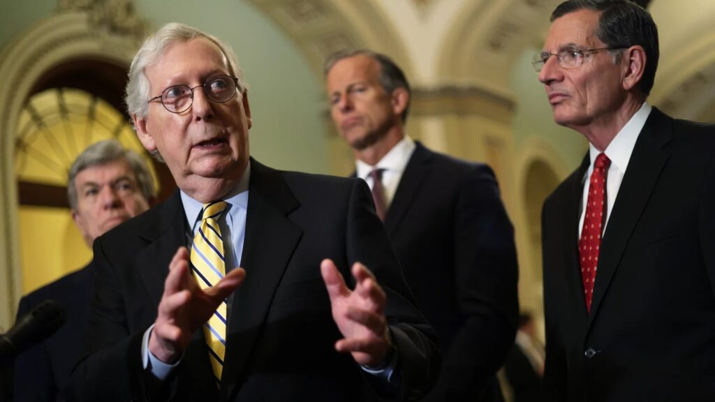 Senate Minority Leader Mitch McConnell, R-Ky., speaks Tuesday after the weekly Senate Republican Policy luncheon. McConnell united his caucus in opposition to Democrats' election overhaul bill. CREDIT: Alex Wong/Getty Images