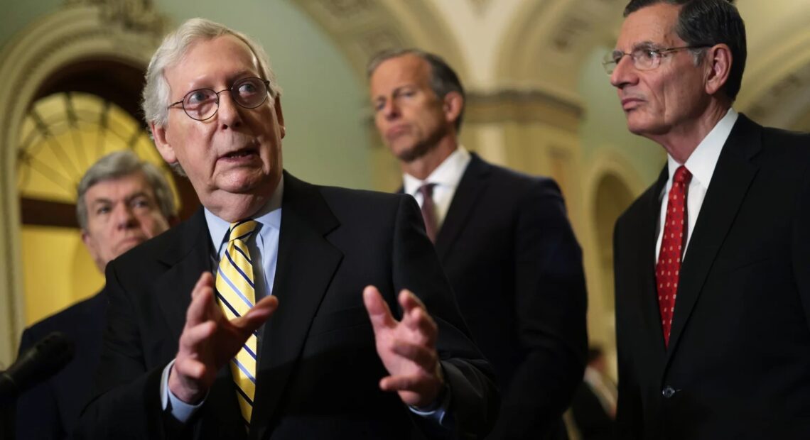 Senate Minority Leader Mitch McConnell, R-Ky., speaks Tuesday after the weekly Senate Republican Policy luncheon. McConnell united his caucus in opposition to Democrats' election overhaul bill. CREDIT: Alex Wong/Getty Images