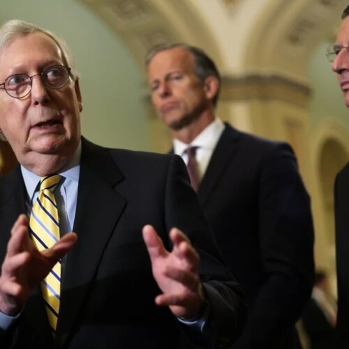 Senate Minority Leader Mitch McConnell, R-Ky., speaks Tuesday after the weekly Senate Republican Policy luncheon. McConnell united his caucus in opposition to Democrats' election overhaul bill. CREDIT: Alex Wong/Getty Images