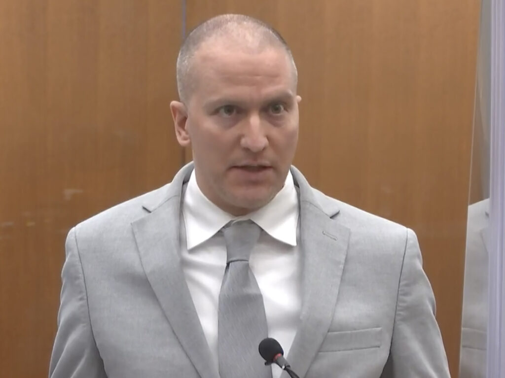Former Minneapolis police officer Derek Chauvin addresses the court Friday at his sentencing hearing. He was sentenced to 22 1/2 years in prison for the murder of George Floyd. CREDIT: Court TV via AP/Pool