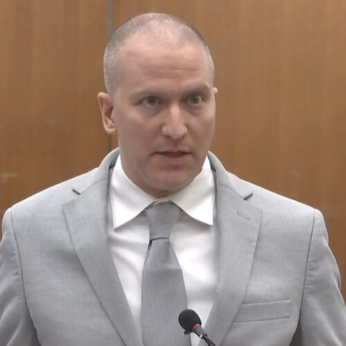 Former Minneapolis police officer Derek Chauvin addresses the court Friday at his sentencing hearing. He was sentenced to 22 1/2 years in prison for the murder of George Floyd. CREDIT: Court TV via AP/Pool