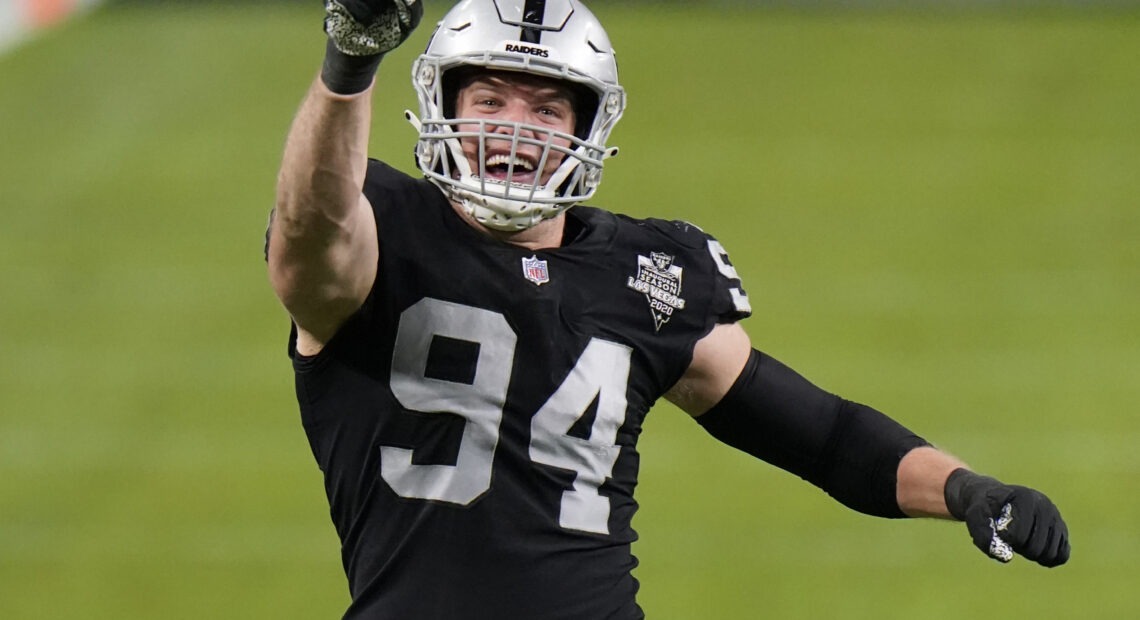 Raiders defensive end Carl Nassib said on Monday that he would not have been able to publicly come out as gay without the support of the NFL and his teammates. CREDIT: Jeff Bottari/AP