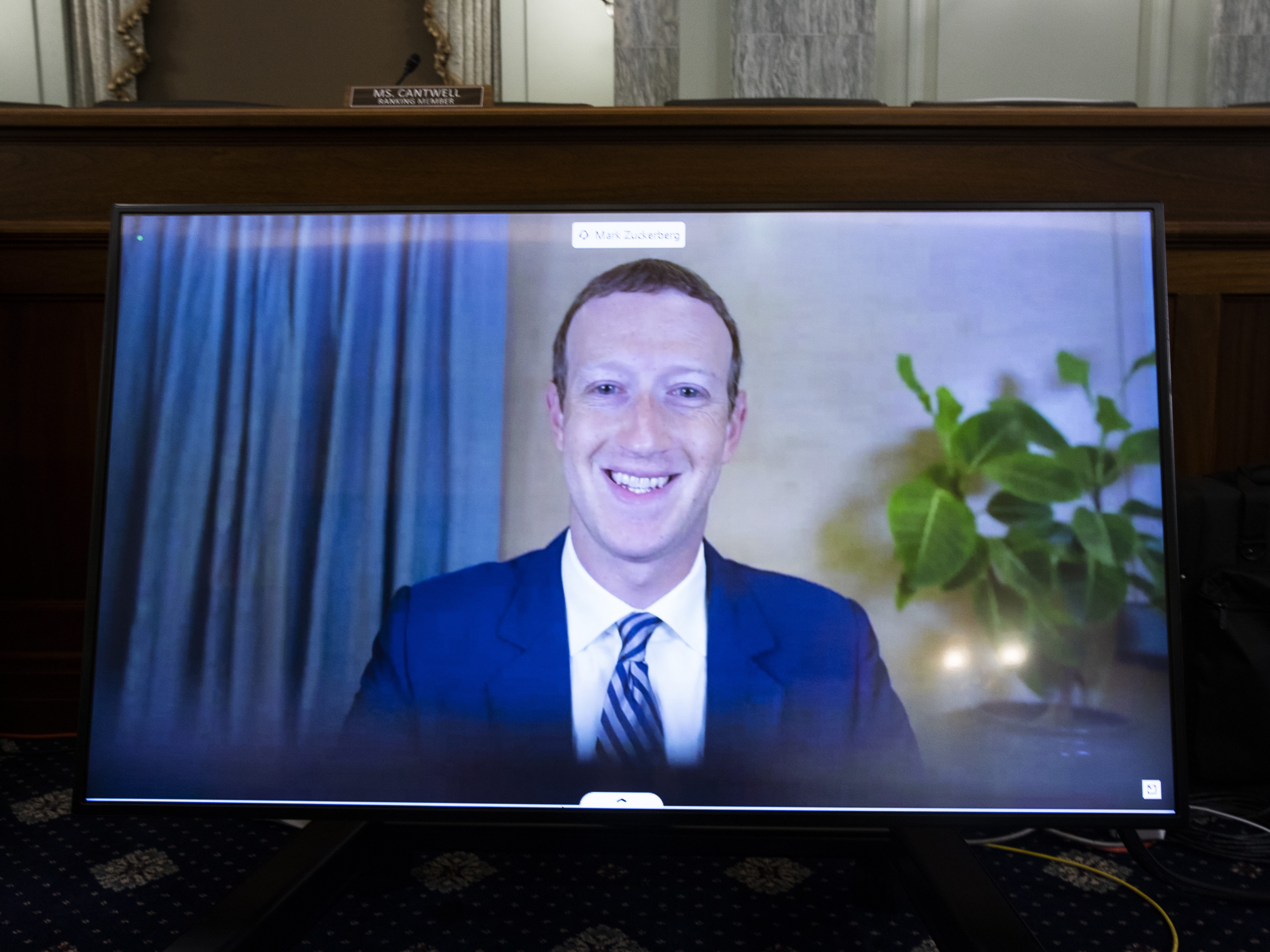 Facebook CEO Mark Zuckerberg testifies remotely during a Senate Commerce, Science, and Transportation Committee hearing on October 28, 2020. CREDIT: Pool/Getty Images