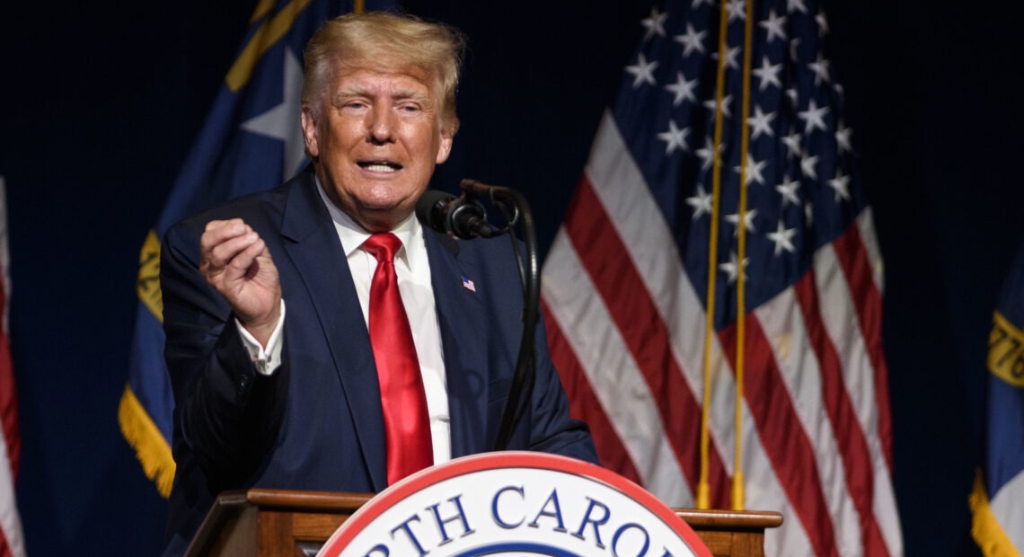 Former President Donald Trump addresses the North Carolina Republican Party's annual state convention on June 5. Melissa Sue Gerrits/Getty Images