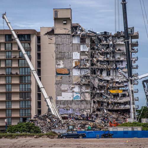 Search and Rescue teams look for survivors in the partially collapsed 12-story Champlain Towers South condo building on June 30, 2021 in Surfside, Fla. Four more bodies were found on Wednesday. Giorgio Viera/AFP via Getty Images