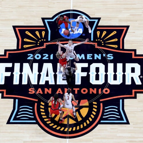 Cameron Brink #22 of the Stanford Cardinal and Cate Reese #25 of the Arizona Wildcats fight for the opening tipoff during the National Championship game of the 2021 NCAA Women's Basketball Tournament at the Alamodome on April 4 in San Antonio, Texas. The Stanford Cardinal defeated the Arizona Wildcats 54-53 to win the national title. CREDIT: Elsa/Getty Images