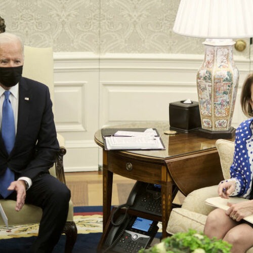 President Biden, with Sen. Shelley Moore Capito of West Virginia on May 13 in the Oval Office, has ended talks with a Republican group she led on infrastructure. CREDIT: T.J. Kirkpatrick/Pool/Getty Images