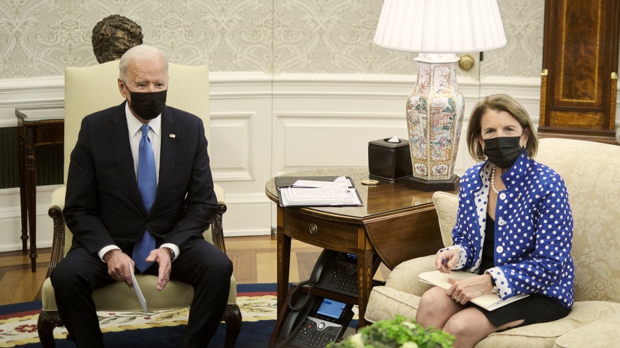 President Biden, with Sen. Shelley Moore Capito of West Virginia on May 13 in the Oval Office, has ended talks with a Republican group she led on infrastructure. CREDIT: T.J. Kirkpatrick/Pool/Getty Images