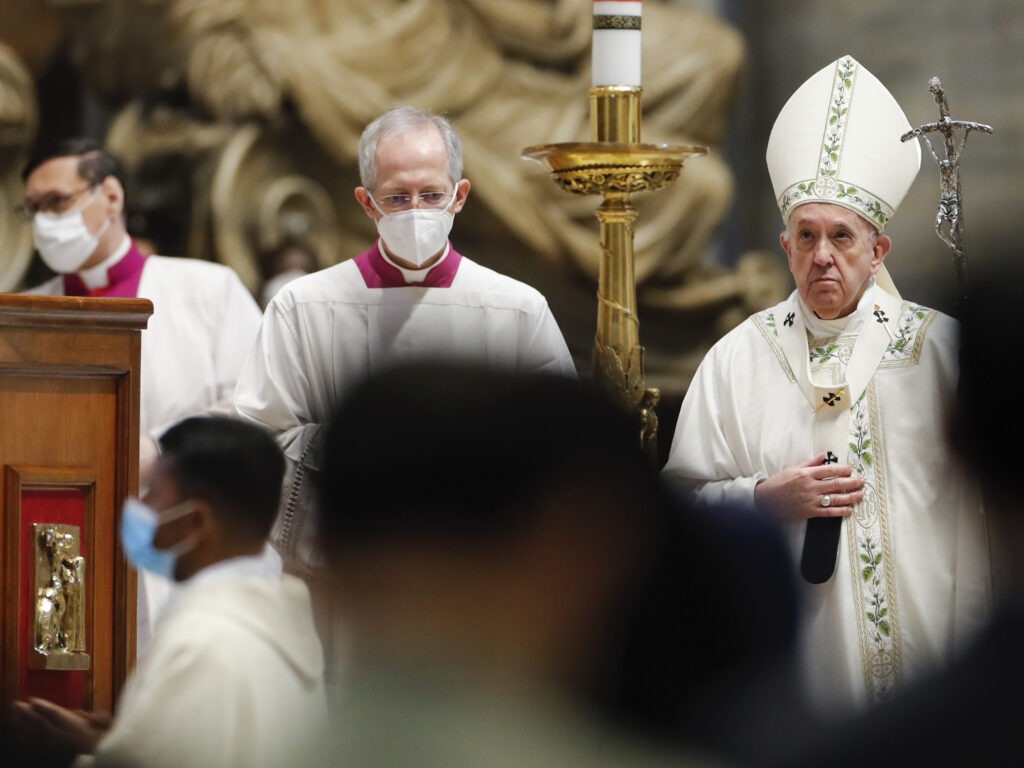 Pope Francis prepares to leave after celebrating a special Mass for the Myanmar faithful last month at the Vatican. On Tuesday, Francis issued new canon law focused on sexual abuse, fraud and the attempted ordination of women. Remo Casilli/Pool via AP