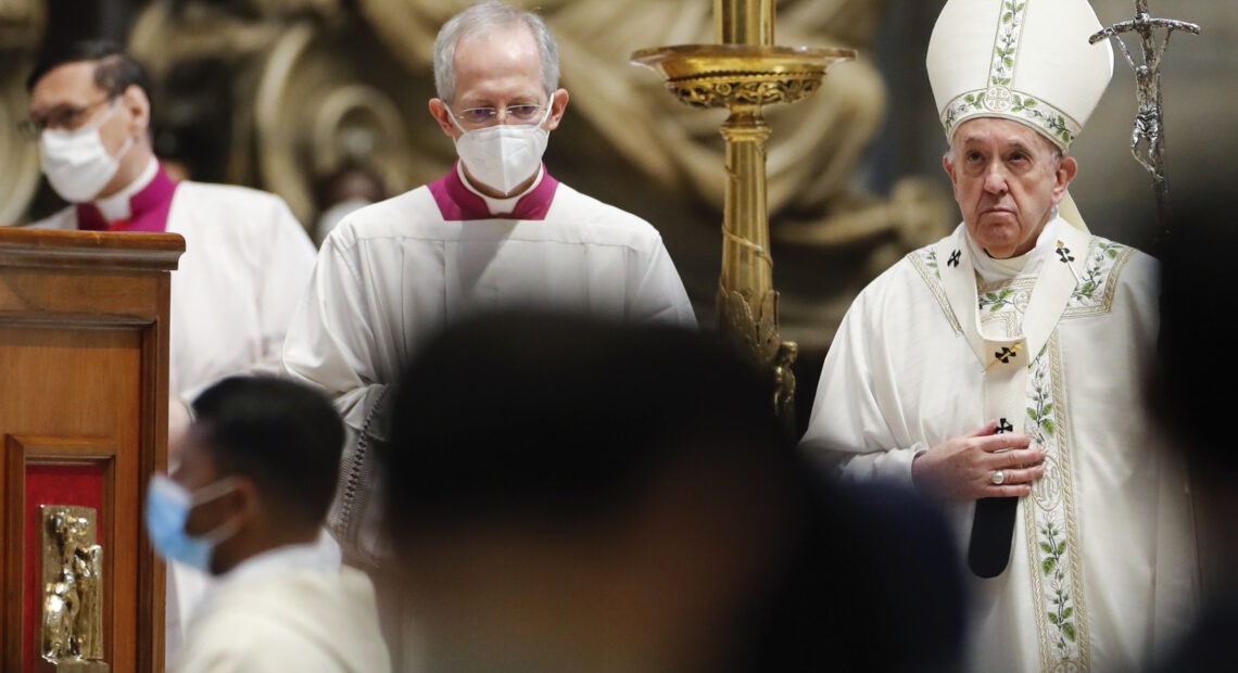 Pope Francis prepares to leave after celebrating a special Mass for the Myanmar faithful last month at the Vatican. On Tuesday, Francis issued new canon law focused on sexual abuse, fraud and the attempted ordination of women. Remo Casilli/Pool via AP