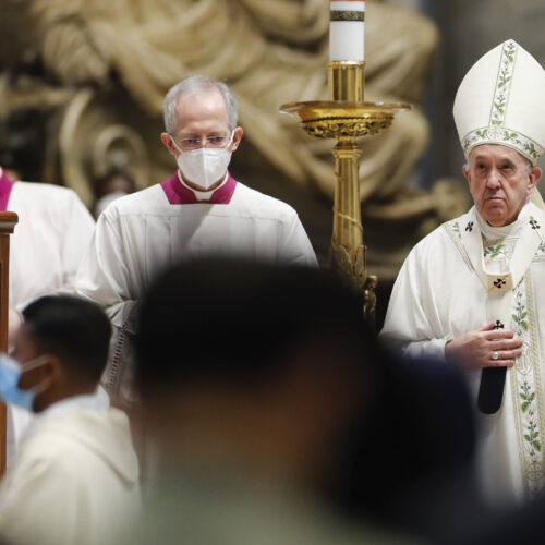 Pope Francis prepares to leave after celebrating a special Mass for the Myanmar faithful last month at the Vatican. On Tuesday, Francis issued new canon law focused on sexual abuse, fraud and the attempted ordination of women. Remo Casilli/Pool via AP