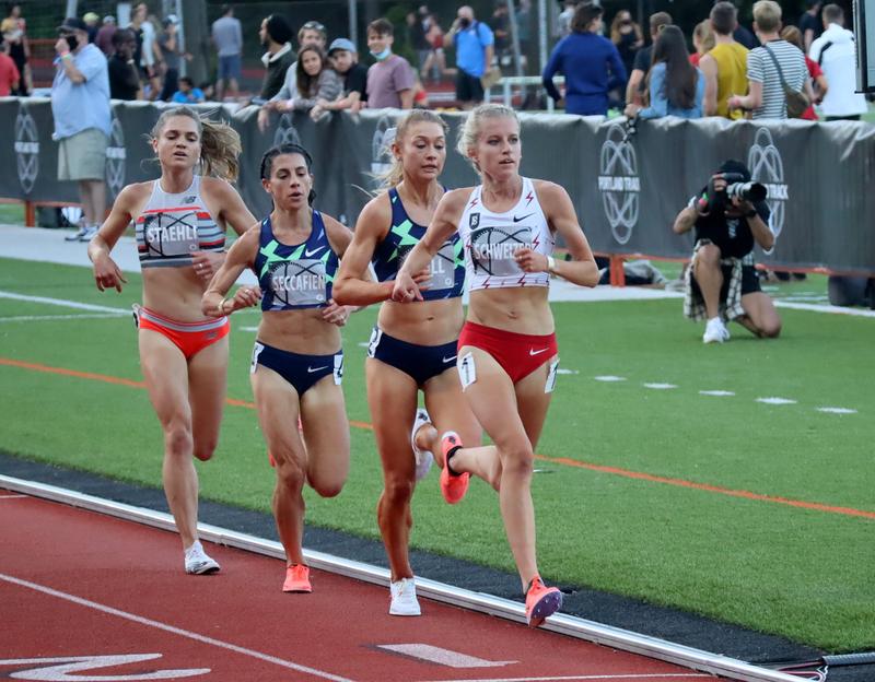 Karissa Schweizer, in white top, is a Bowerman Track Club recruit from the Midwest. She carries high expectations to nab an Olympic team slot in the 5000 meters.