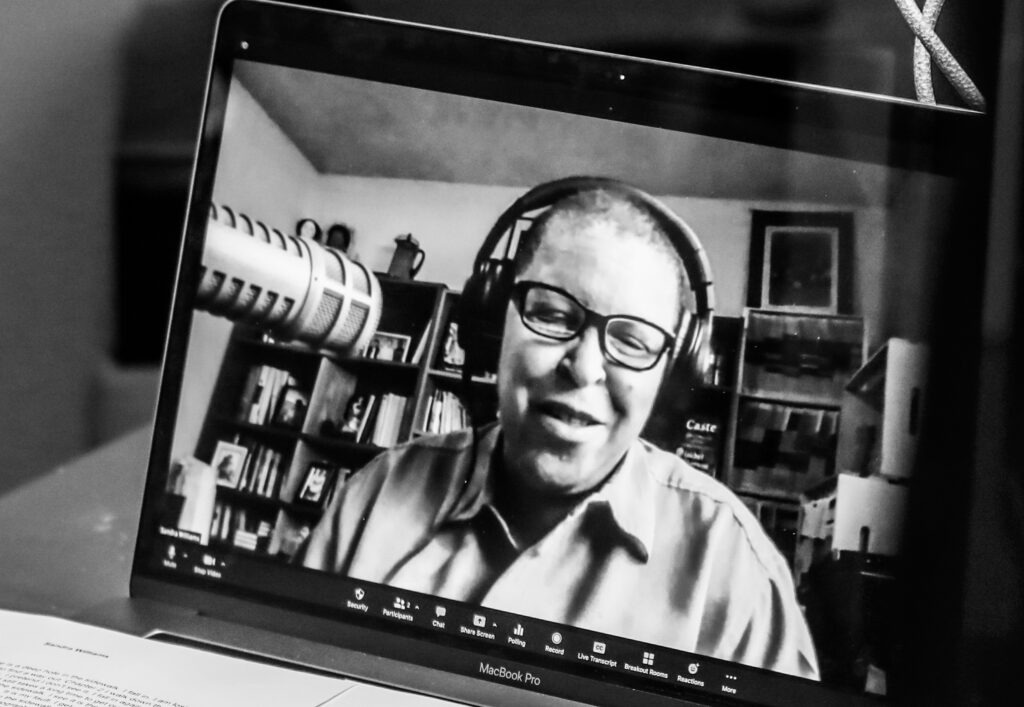 Sandra Williams talking virtually with host Sueann Ramella during a recording of 'Traverse Talks.'