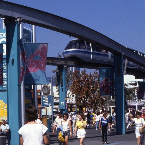 The monorail at Expo '86 in Vancouver, Canada, the last time a Northwest city hosted the global cultural gathering. Seattle, Portland and Spokane have hosted as well. CREDIT: Colin Rose, CC BY 2.0 creativecommons.org/licenses/by/2.0, via Wikimedia Commons