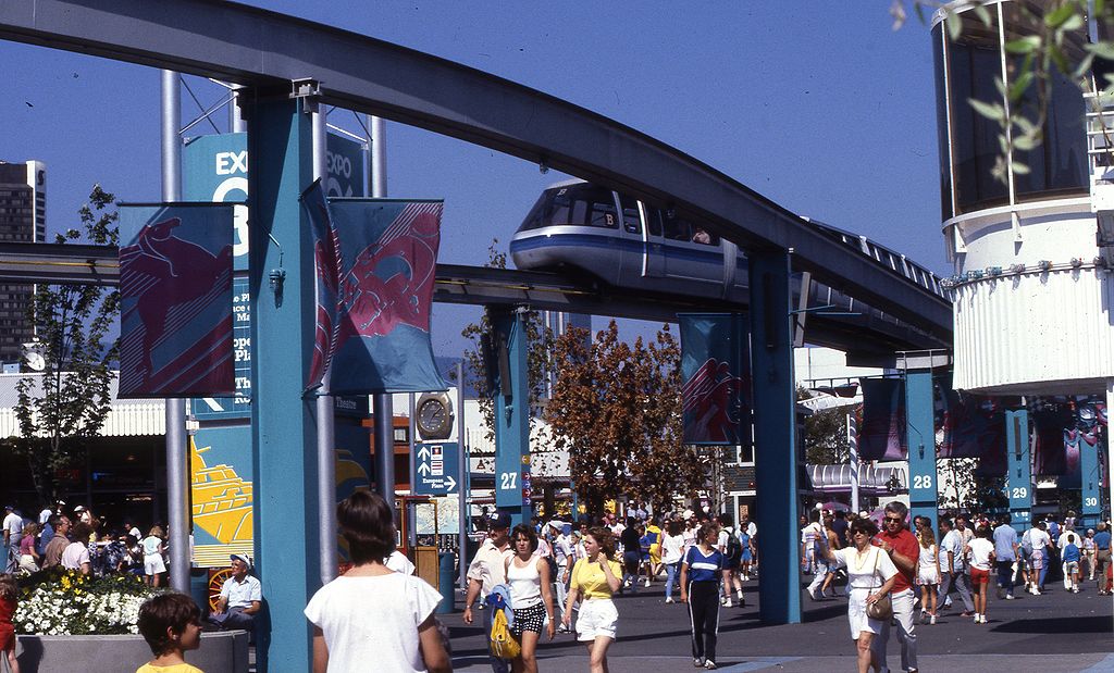 The monorail at Expo '86 in Vancouver, Canada, the last time a Northwest city hosted the global cultural gathering. Seattle, Portland and Spokane have hosted as well. CREDIT: Colin Rose, CC BY 2.0 creativecommons.org/licenses/by/2.0, via Wikimedia Commons