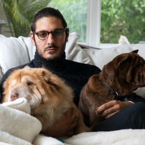 Abraham Dairi spends time with his dogs Ziggy, 3, and Bowie, 4, at his home in Seattle's Montlake neighborhood on July 1, 2021. CREDIT: Matt M. McKnight/Crosscut