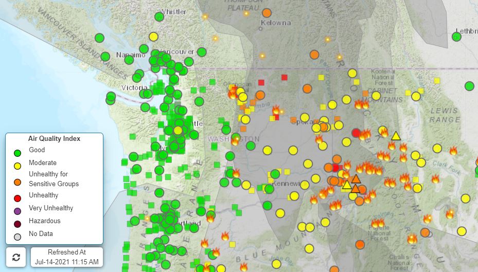 Air quality monitors across the Inland Northwest have been trending to moderate to unhealthy for sensitive groups to full unhealthy levels over recently, with that trend expected to continue. CREDIT: Washington Smoke Blog