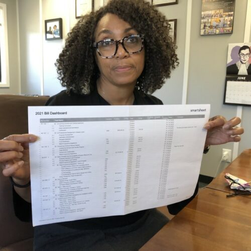 Criminal Justice Training Commission director Monica Alexander uses a spreadsheet to track all of the state's new police reform legislation