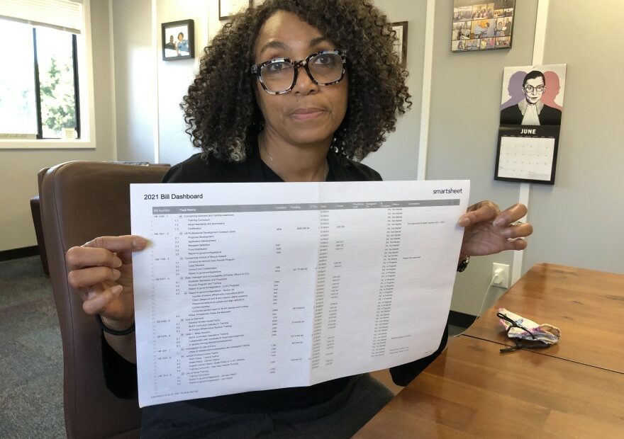 Criminal Justice Training Commission director Monica Alexander uses a spreadsheet to track all of the state's new police reform legislation