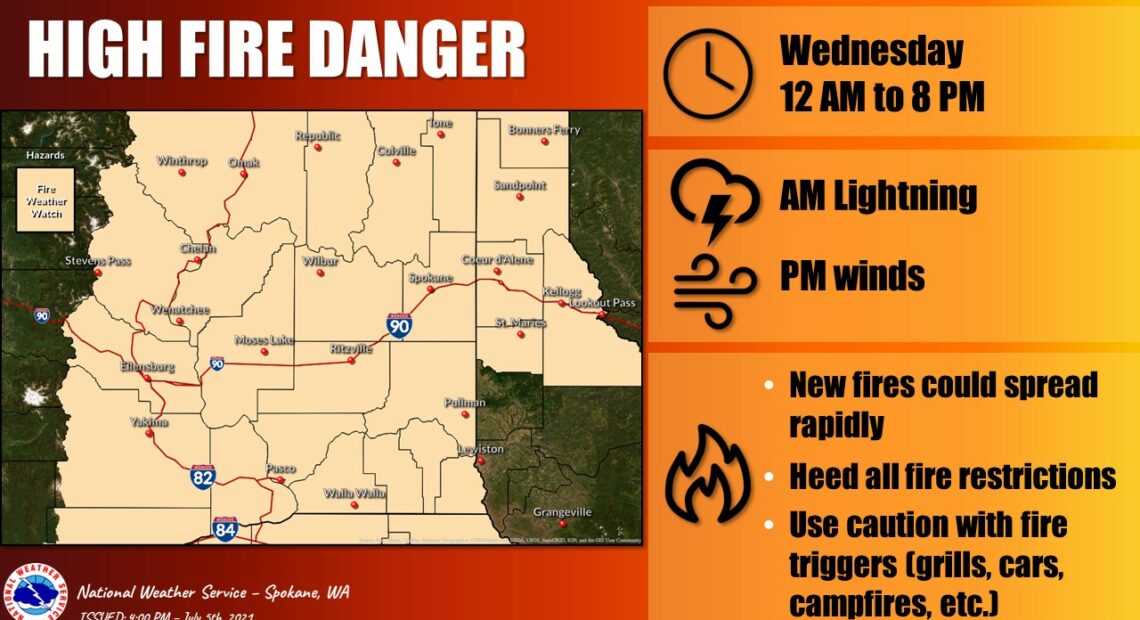 The National Weather Service is warning of high fire danger this week with thunderstorms, lightning and wind expected late Tuesday night into Wednesday, July 7. CREDIT: NWS via Twitter