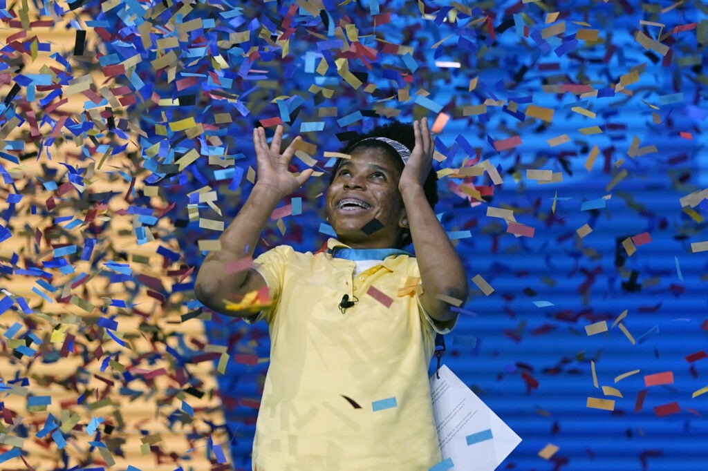 Zaila Avant-garde, 14, from Harvey, La., celebrates winning the finals of the 2021 Scripps National Spelling Bee at Disney World on Thursday. John Raoux/AP