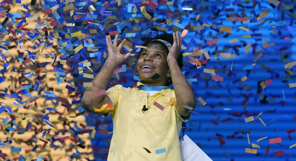 Zaila Avant-garde, 14, from Harvey, La., celebrates winning the finals of the 2021 Scripps National Spelling Bee at Disney World on Thursday. John Raoux/AP