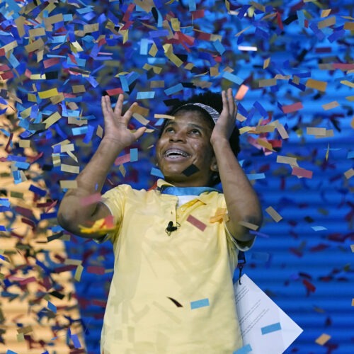 Zaila Avant-garde, 14, from Harvey, La., celebrates winning the finals of the 2021 Scripps National Spelling Bee at Disney World on Thursday. John Raoux/AP