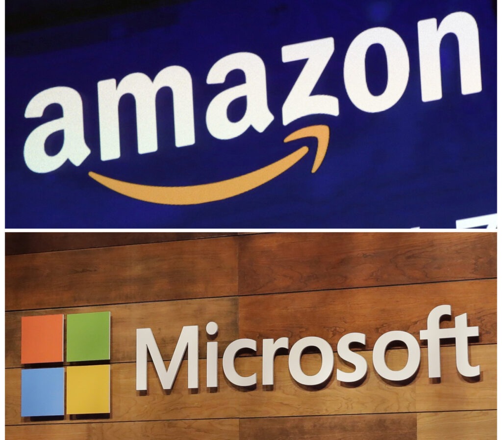 Image of the Amazon logo and Microsoft sign