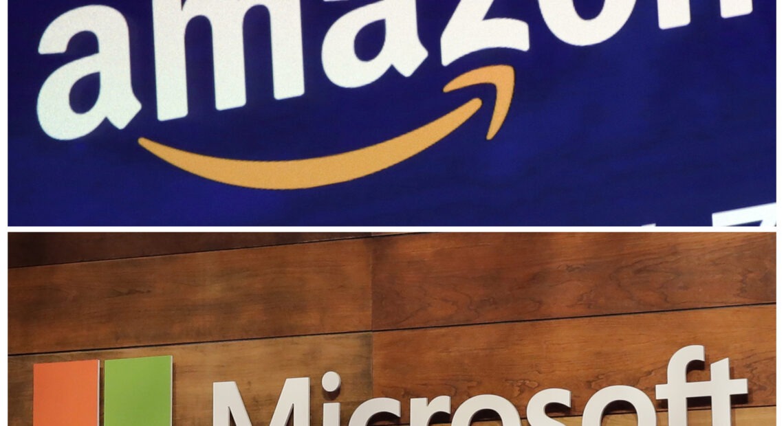 Image of the Amazon logo and Microsoft sign
