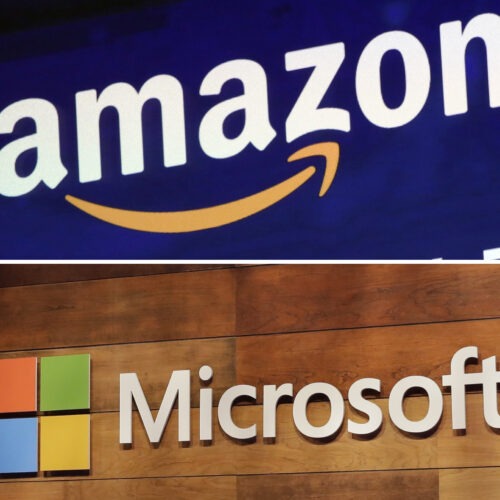 Image of the Amazon logo and Microsoft sign