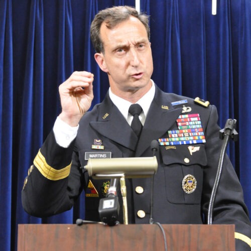 Army Brig. Gen. Mark Martins, Guantánamo's chief prosecutor, addresses the media on Oct. 19, 2012, at the end of a week of pretrial hearings for the five alleged architects of the 9/11 attacks. Martins announced his retirement this week. Michelle Shephard/Toronto Star via Getty Images