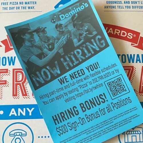 In need of workers, a Domino's franchise in Washington, D.C., is offering a sign-on bonus for all positions. CREDIT: Andrea Hsu/NPR
