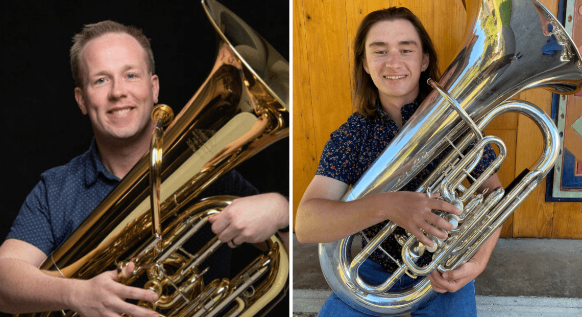 Tuba professor Dr. Chris Dickey and student Tim Schrader with tubas