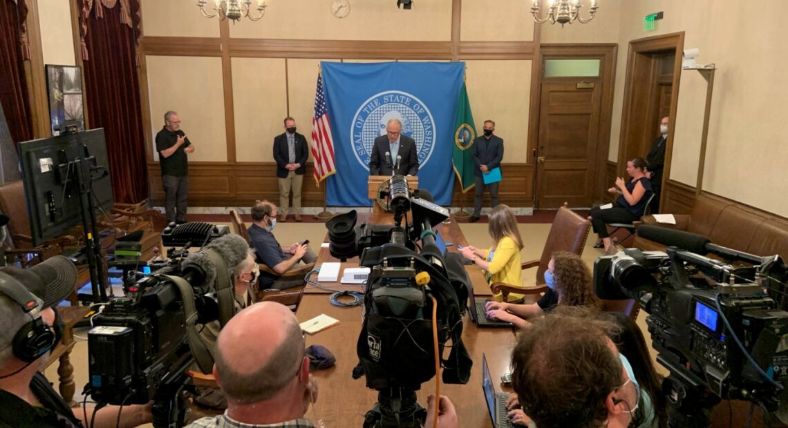 File photo of Gov. Jay Inslee during press conference Aug. 18 announcing vaccine mandate for people who work in K-12.